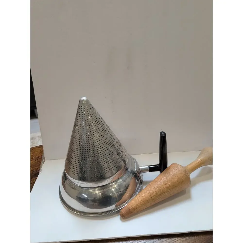 Vintage Cone Colander Strainer Sieve Aluminum With Wood Pestle Vintage